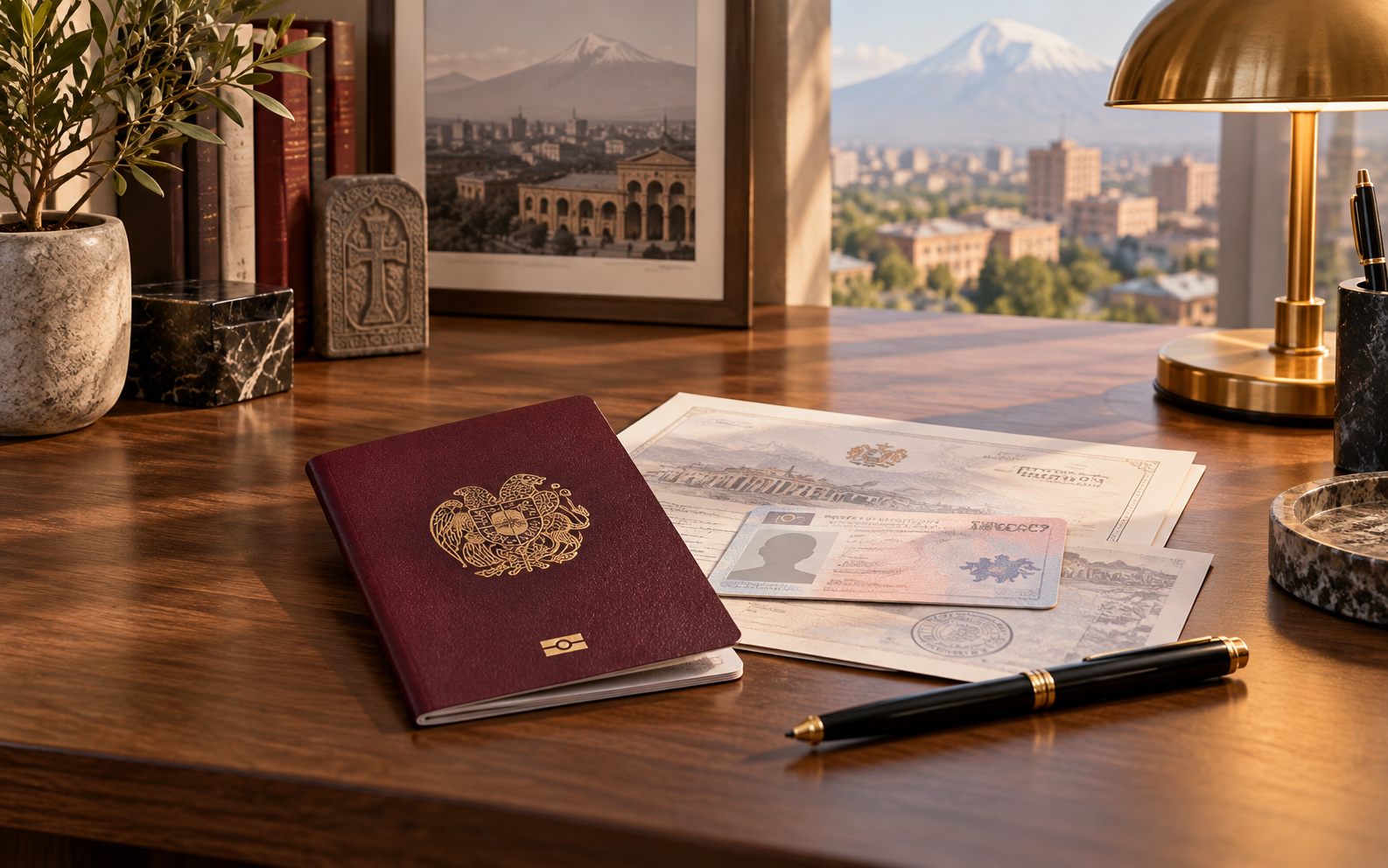 Armenian passport and residency documents on a desk