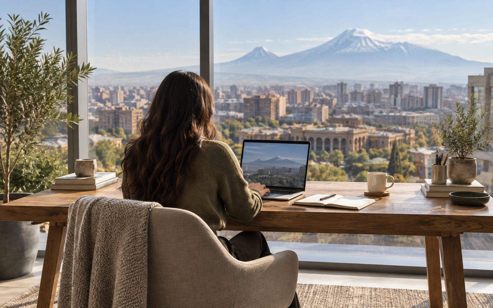Work setup overlooking Yerevan and Mount Ararat
